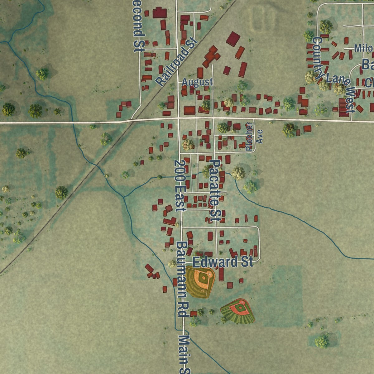 Close-up of the map of Pierron, Illinois print showing street and building detail