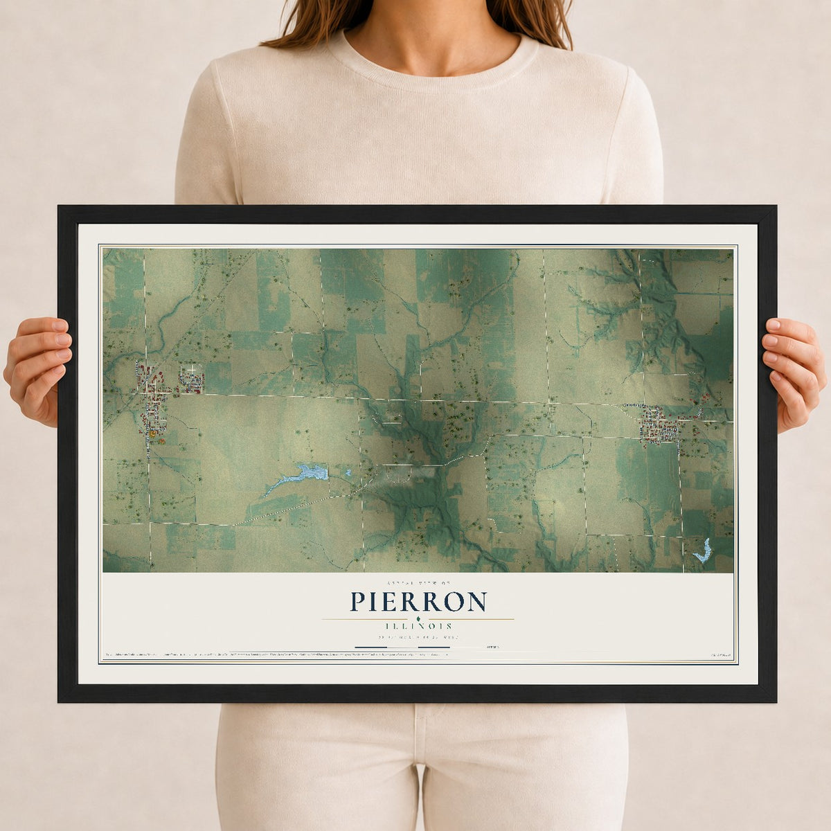 Map of Pierron, Illinois, 12 x 18 inch print in a black wood frame
