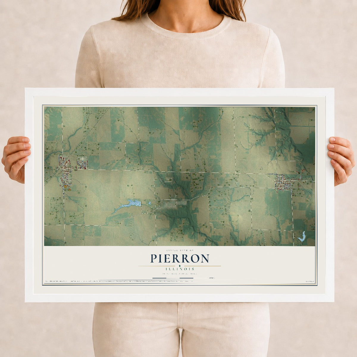 Map of Pierron, Illinois, 12 x 18 inch print in a white wood frame