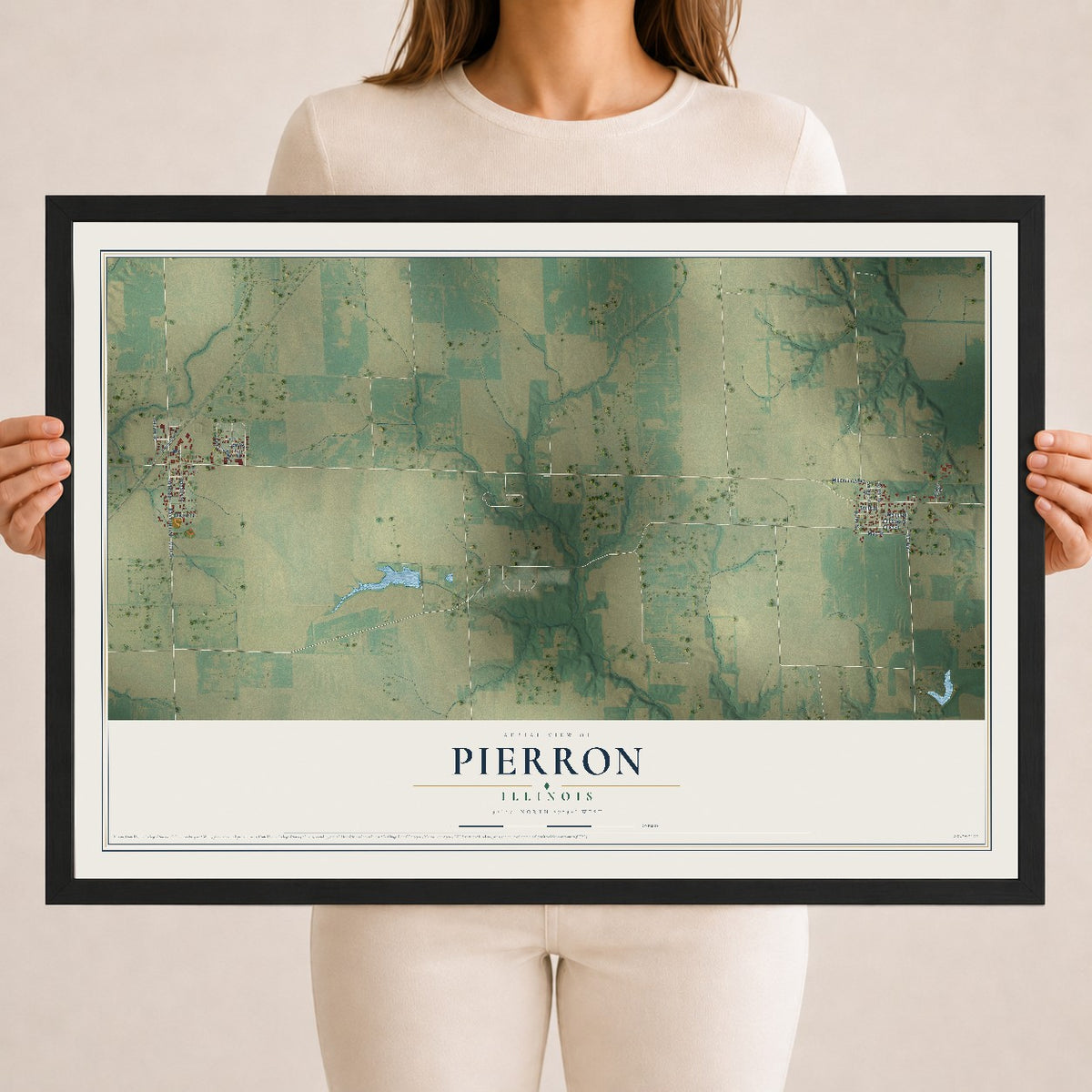 Map of Pierron, Illinois, 18 x 24 inch print in a black wood frame