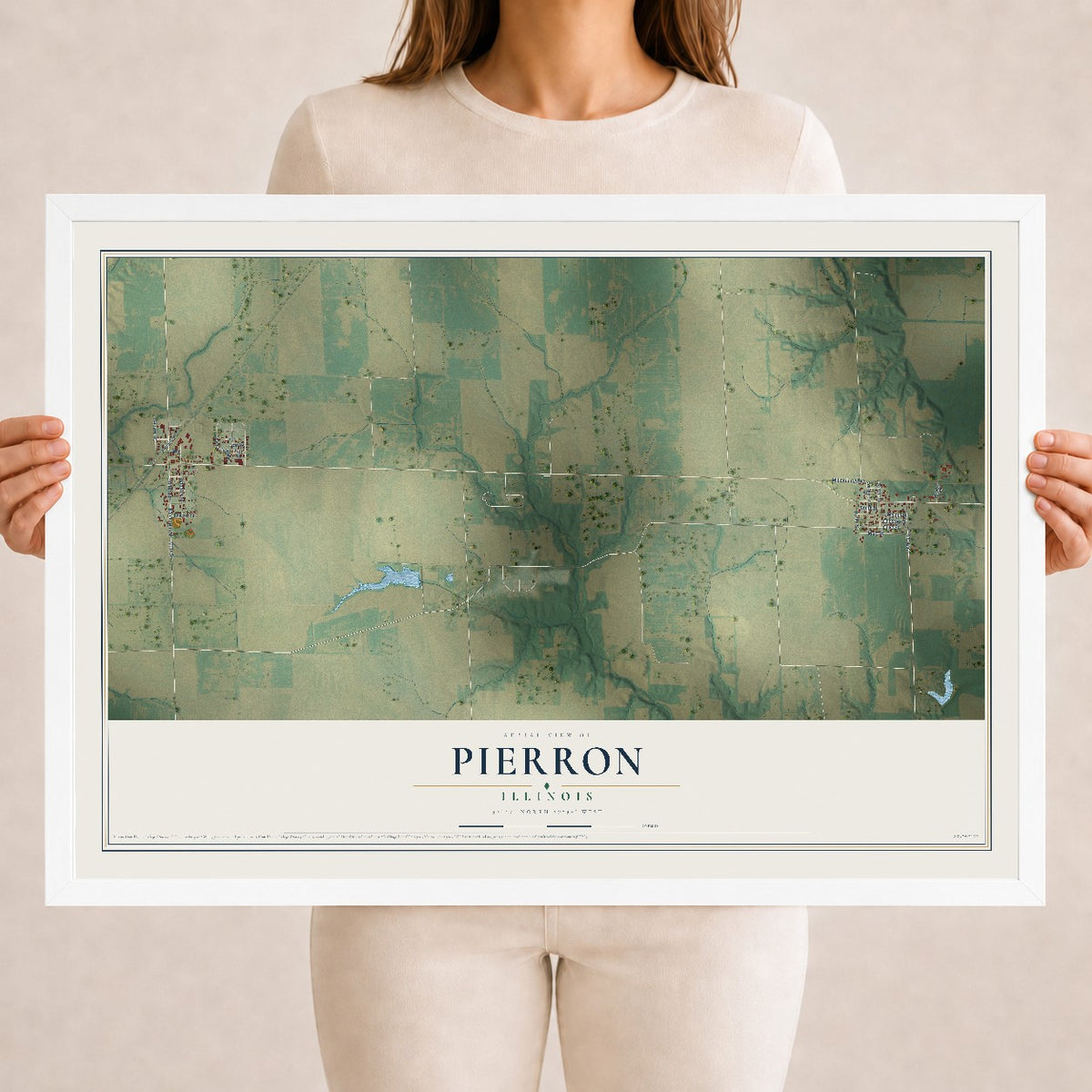 Map of Pierron, Illinois, 18 x 24 inch print in a white wood frame