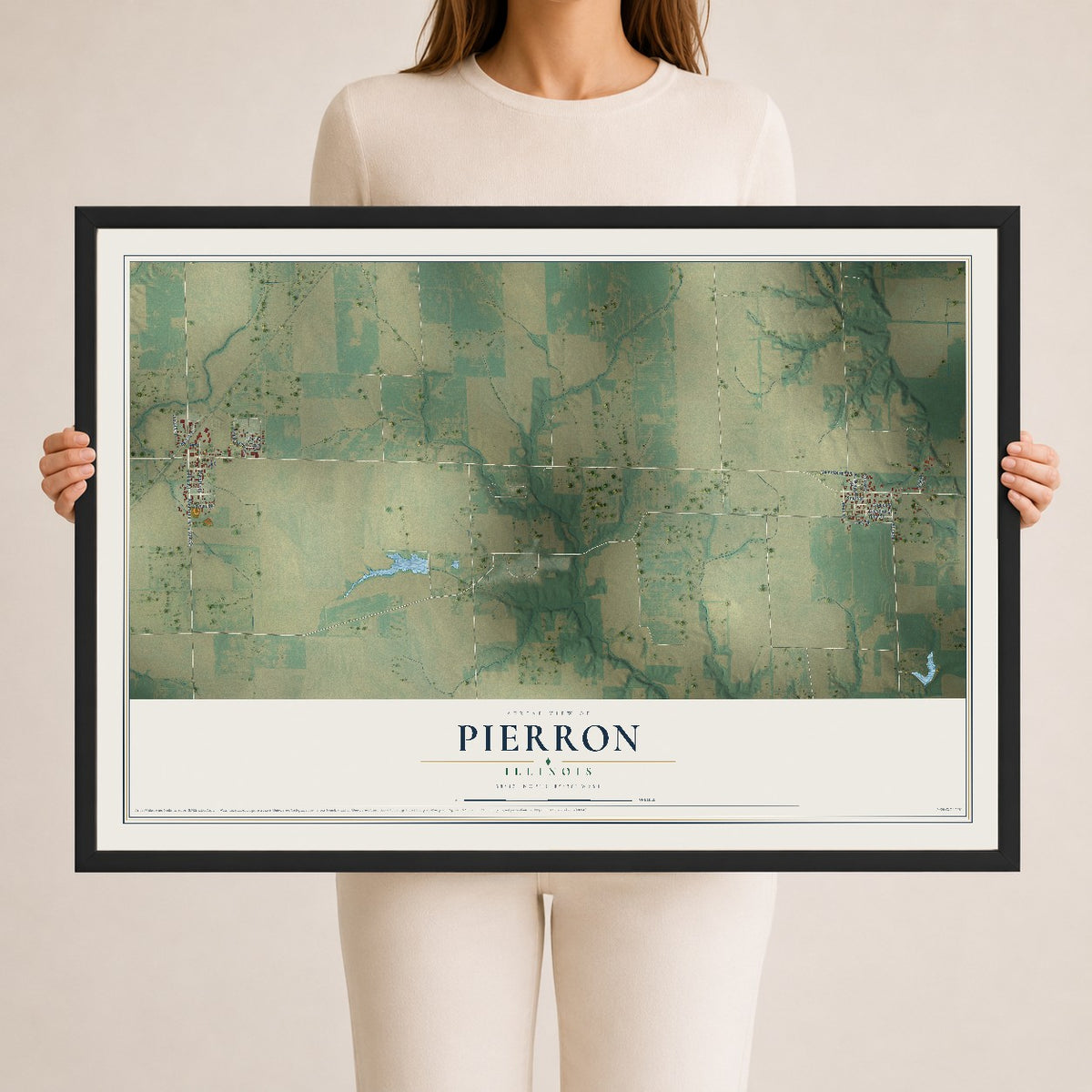 Map of Pierron, Illinois, 24 x 36 inch print in a black wood frame