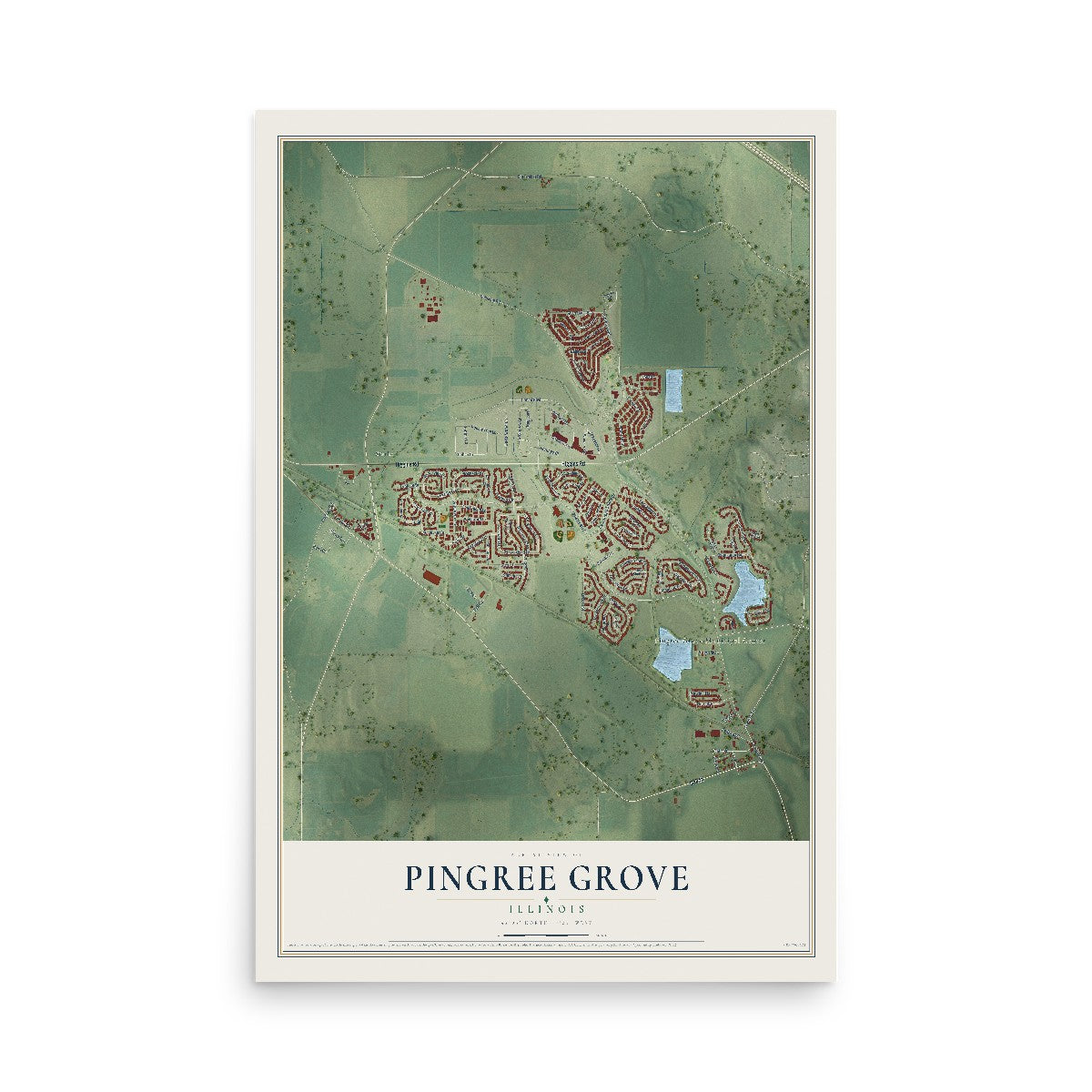 Map of Pingree Grove, Illinois, 12 x 18 inch unframed archival matte print