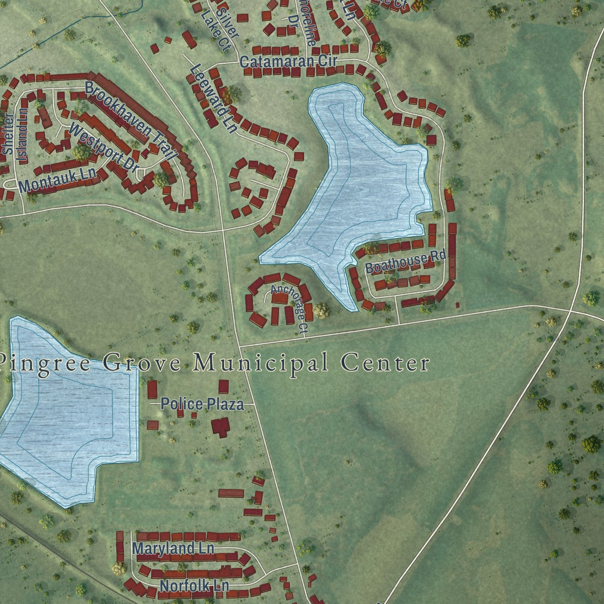 Second close-up of the map of Pingree Grove, Illinois print showing more streets and buildings