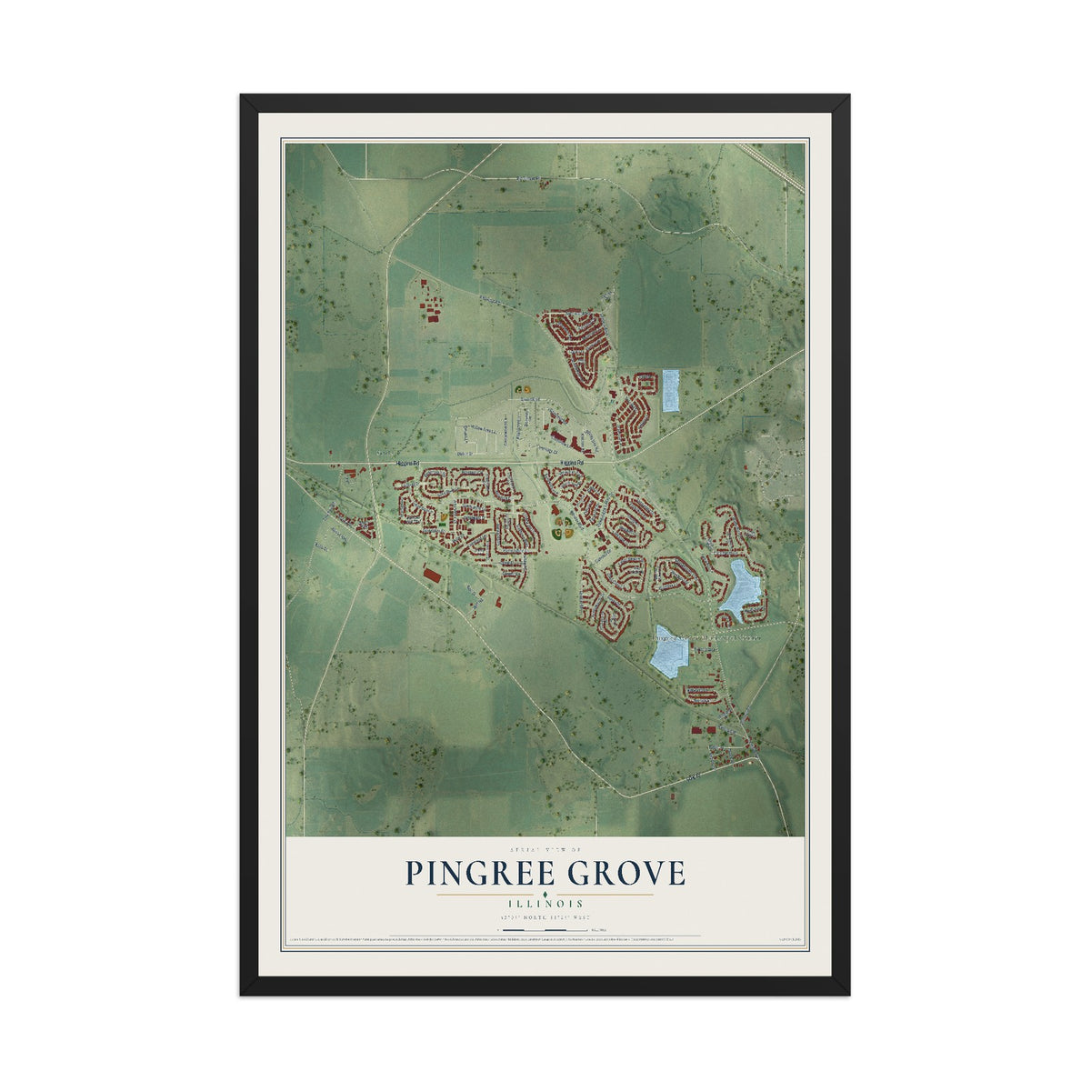 Map of Pingree Grove, Illinois, 12 x 18 inch print in a black wood frame