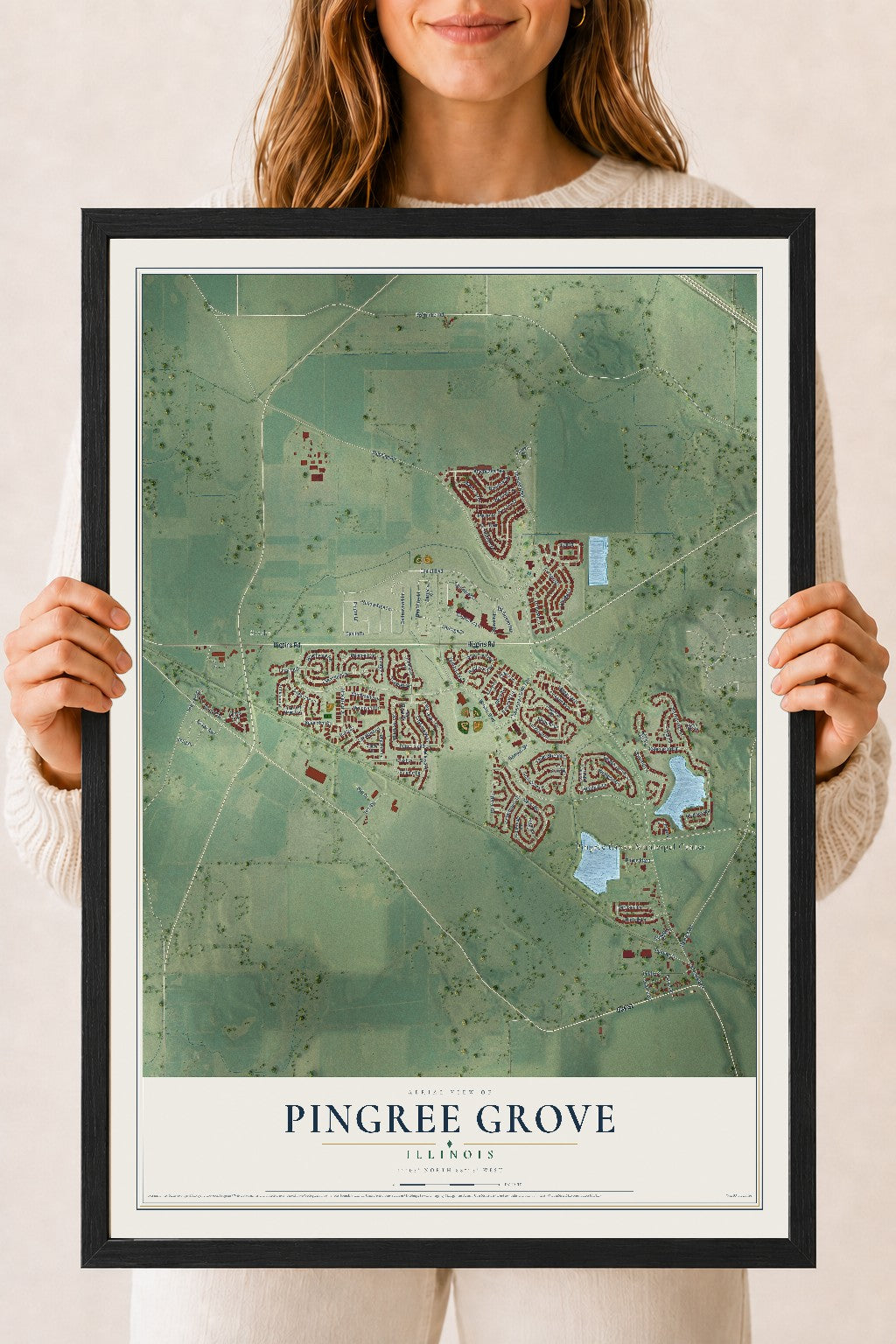 Map of Pingree Grove, Illinois, 18 x 24 inch print in a black wood frame