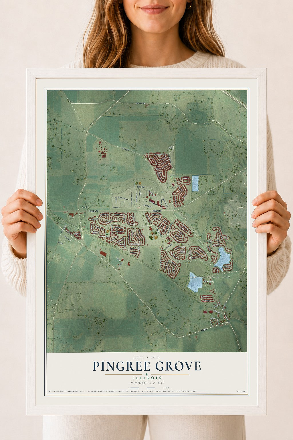 Map of Pingree Grove, Illinois, 18 x 24 inch print in a white wood frame