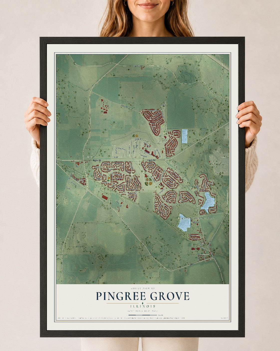Map of Pingree Grove, Illinois, 24 x 36 inch print in a black wood frame