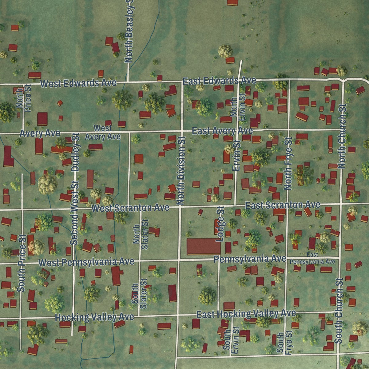 Close-up of the map of Pittsburg, Illinois print showing street and building detail
