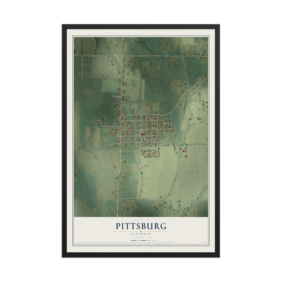 Map of Pittsburg, Illinois, 12 x 18 inch print in a black wood frame