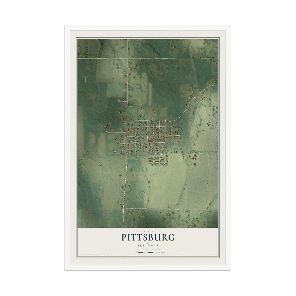 Map of Pittsburg, Illinois, 12 x 18 inch print in a white wood frame