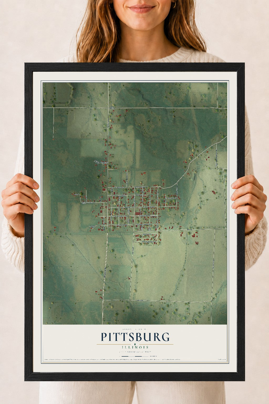 Map of Pittsburg, Illinois, 18 x 24 inch print in a black wood frame