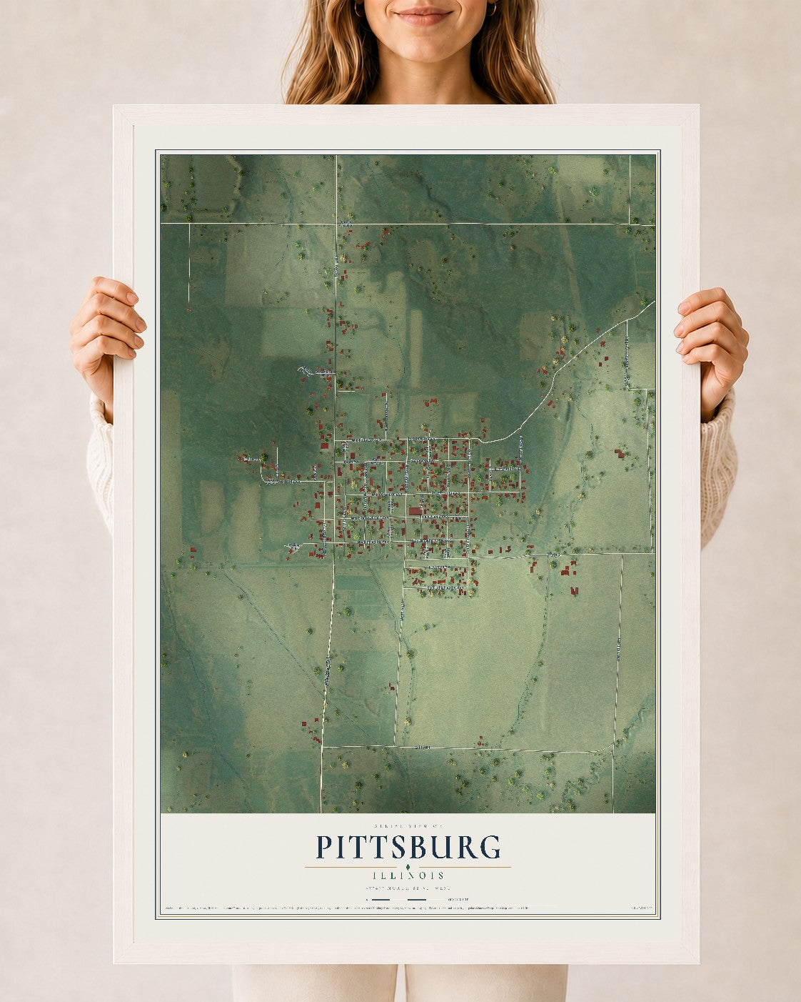 Map of Pittsburg, Illinois, 24 x 36 inch print in a white wood frame