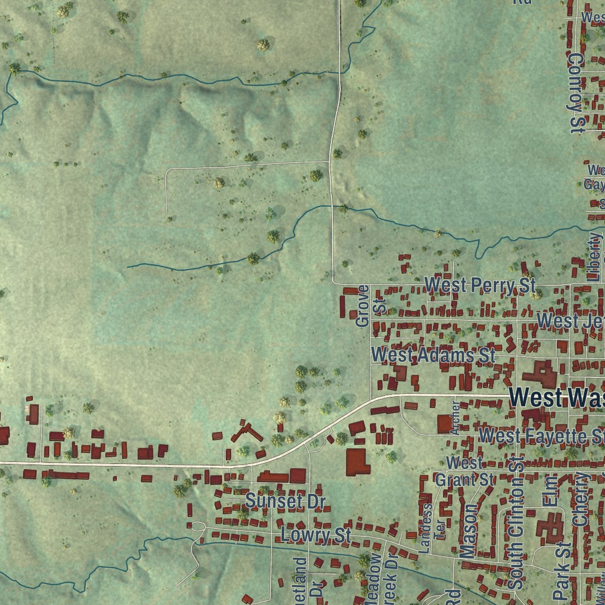 Second close-up of the map of Pittsfield, Illinois print showing more streets and buildings