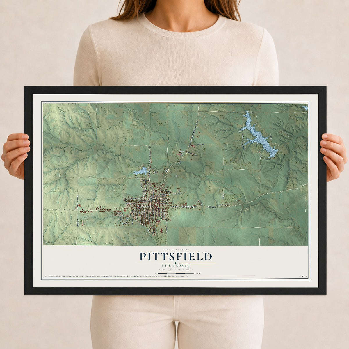 Map of Pittsfield, Illinois, 12 x 18 inch print in a black wood frame