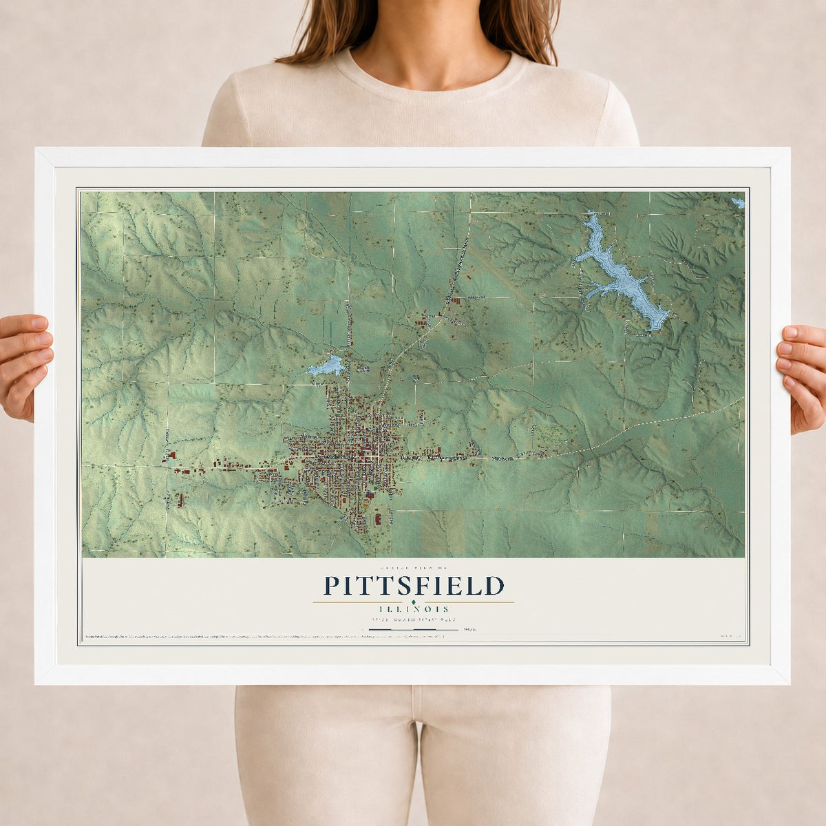 Map of Pittsfield, Illinois, 18 x 24 inch print in a white wood frame
