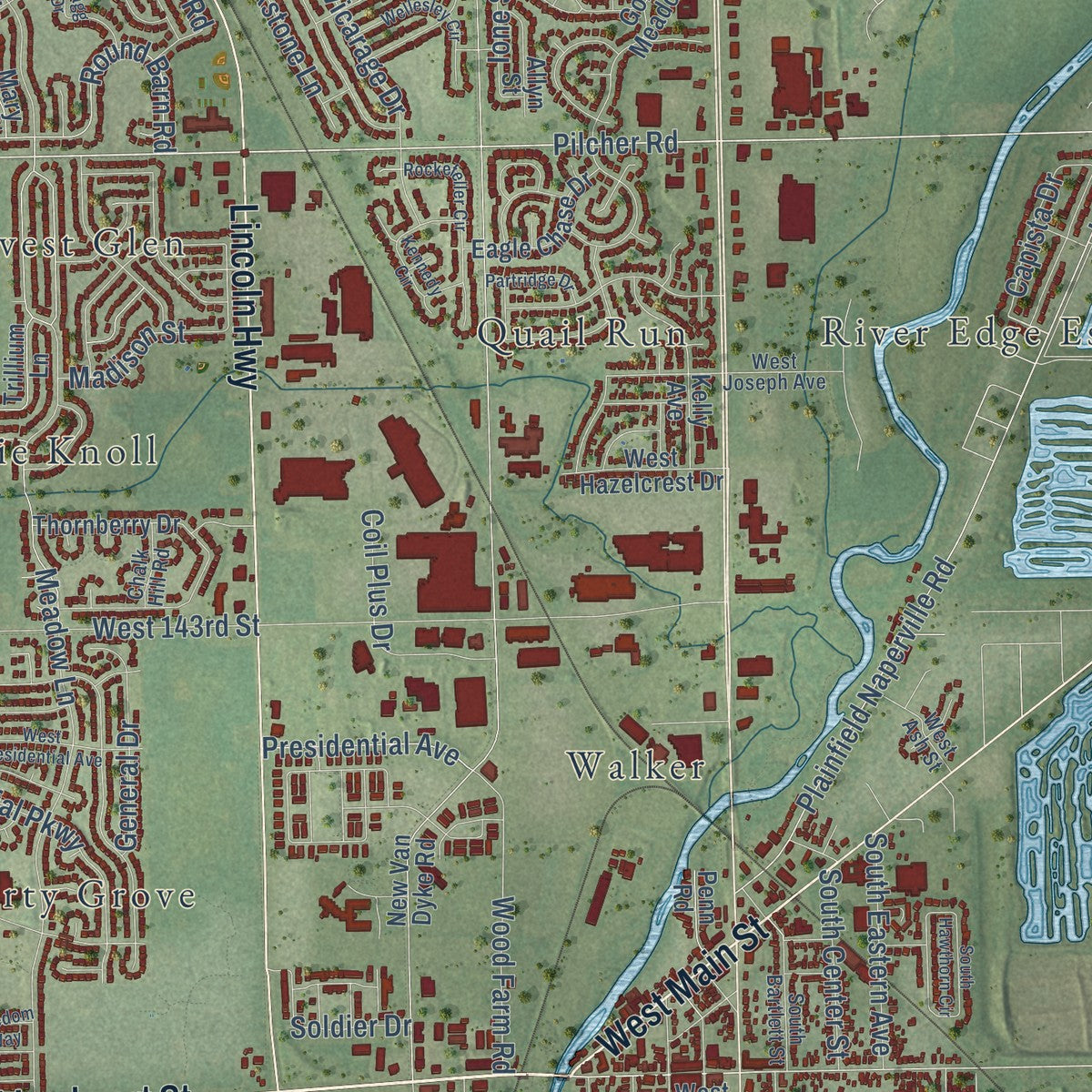 Close-up of the map of Plainfield, Illinois print showing street and building detail