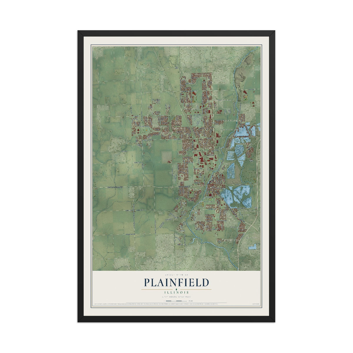 Map of Plainfield, Illinois, 12 x 18 inch print in a black wood frame