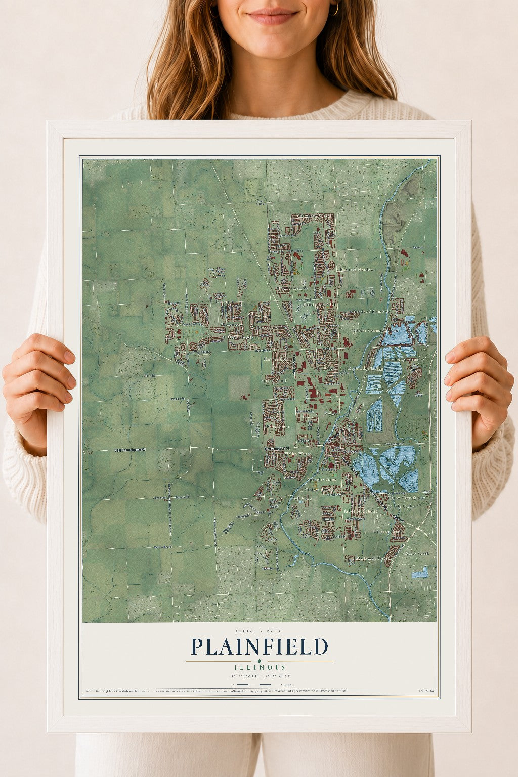 Map of Plainfield, Illinois, 18 x 24 inch print in a white wood frame