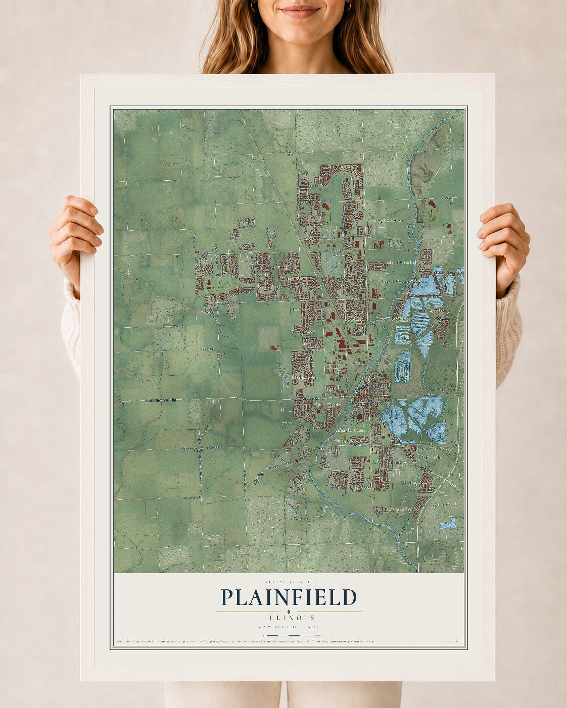 Map of Plainfield, Illinois, 24 x 36 inch print in a white wood frame