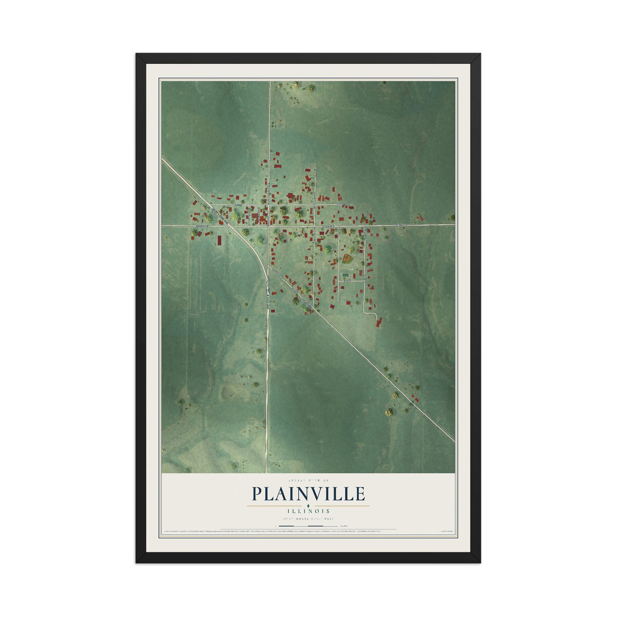 Map of Plainville, Illinois, 12 x 18 inch print in a black wood frame