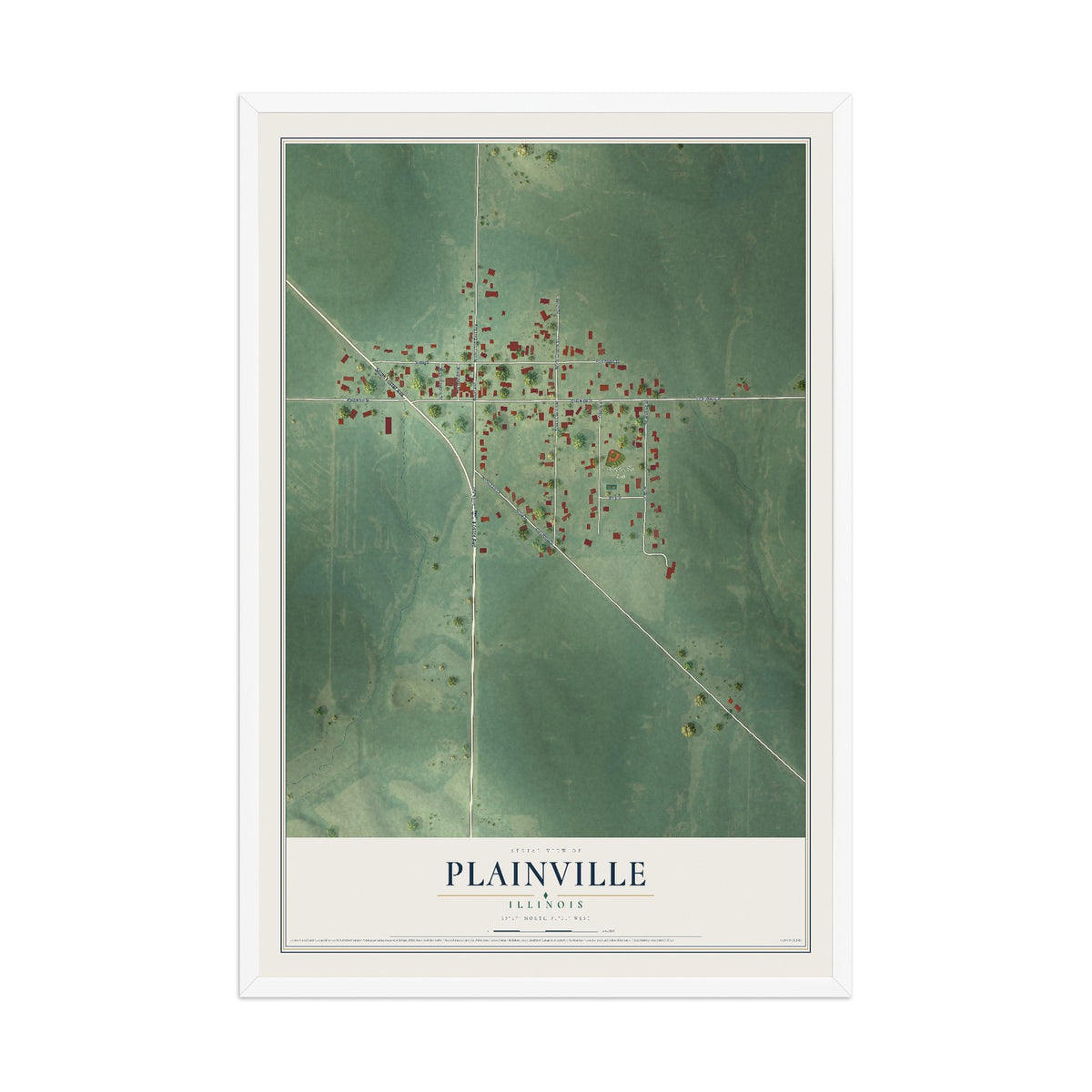 Map of Plainville, Illinois, 12 x 18 inch print in a white wood frame