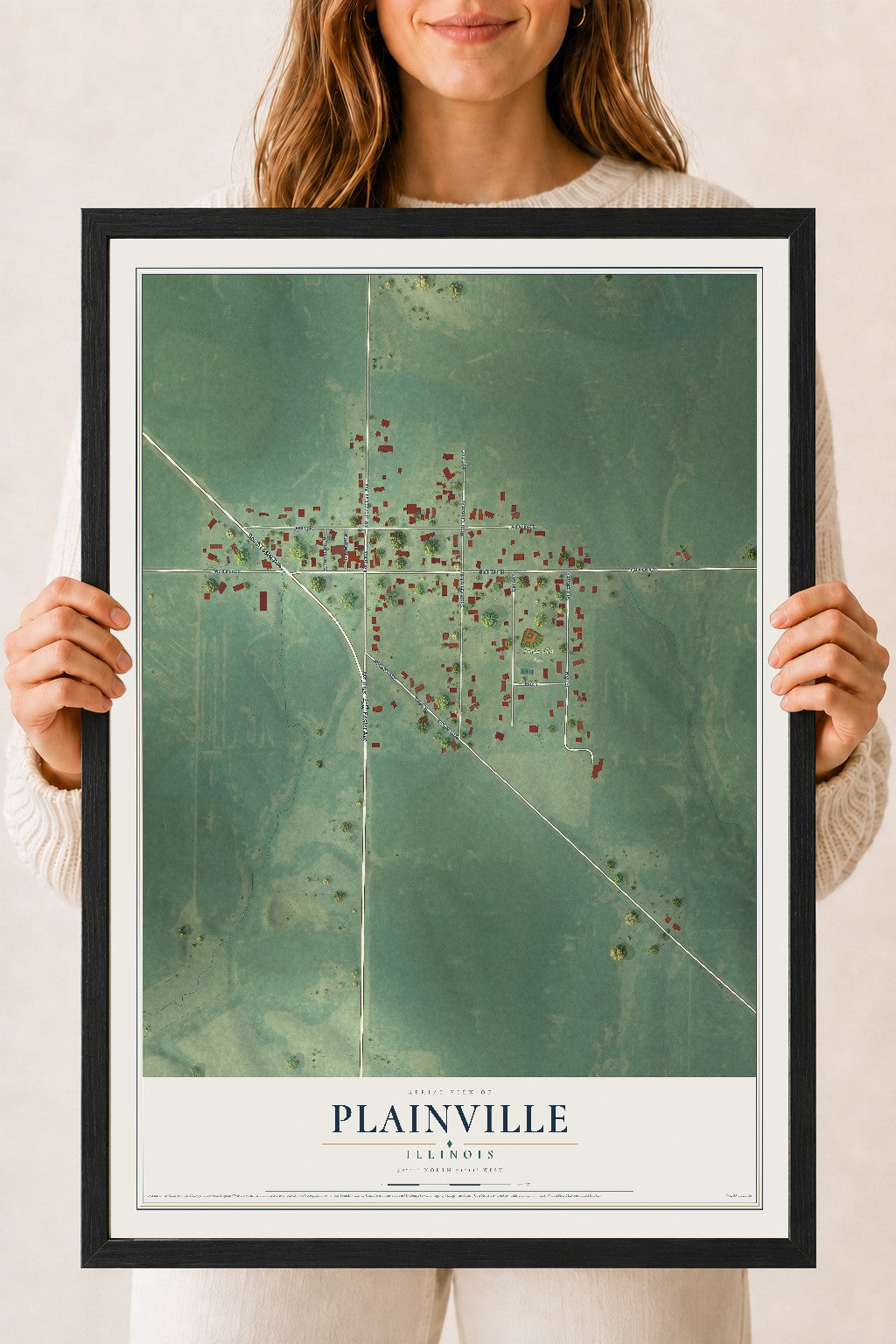 Map of Plainville, Illinois, 18 x 24 inch print in a black wood frame