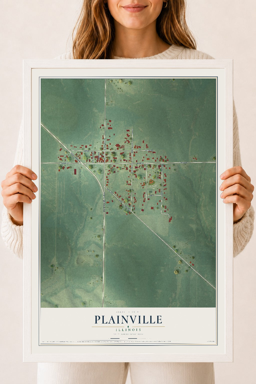 Map of Plainville, Illinois, 18 x 24 inch print in a white wood frame
