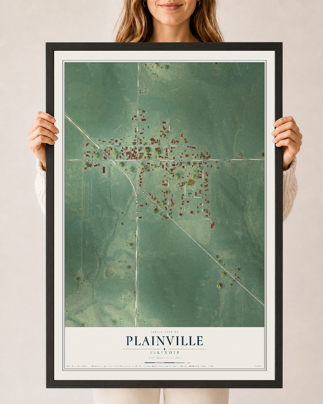 Map of Plainville, Illinois, 24 x 36 inch print in a black wood frame