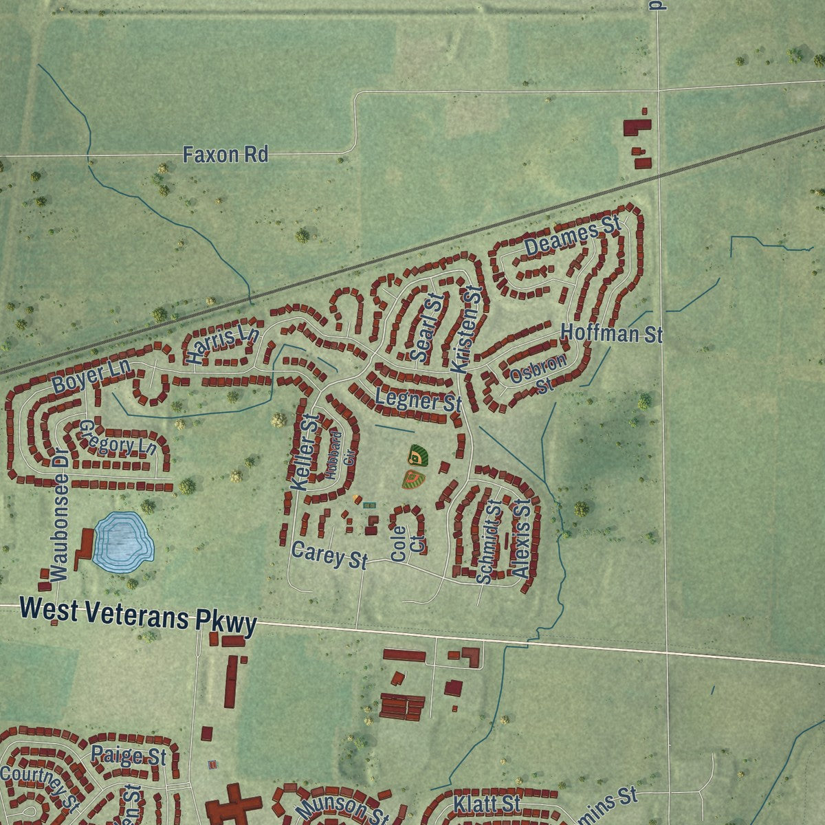 Second close-up of the map of Plano, Illinois print showing more streets and buildings