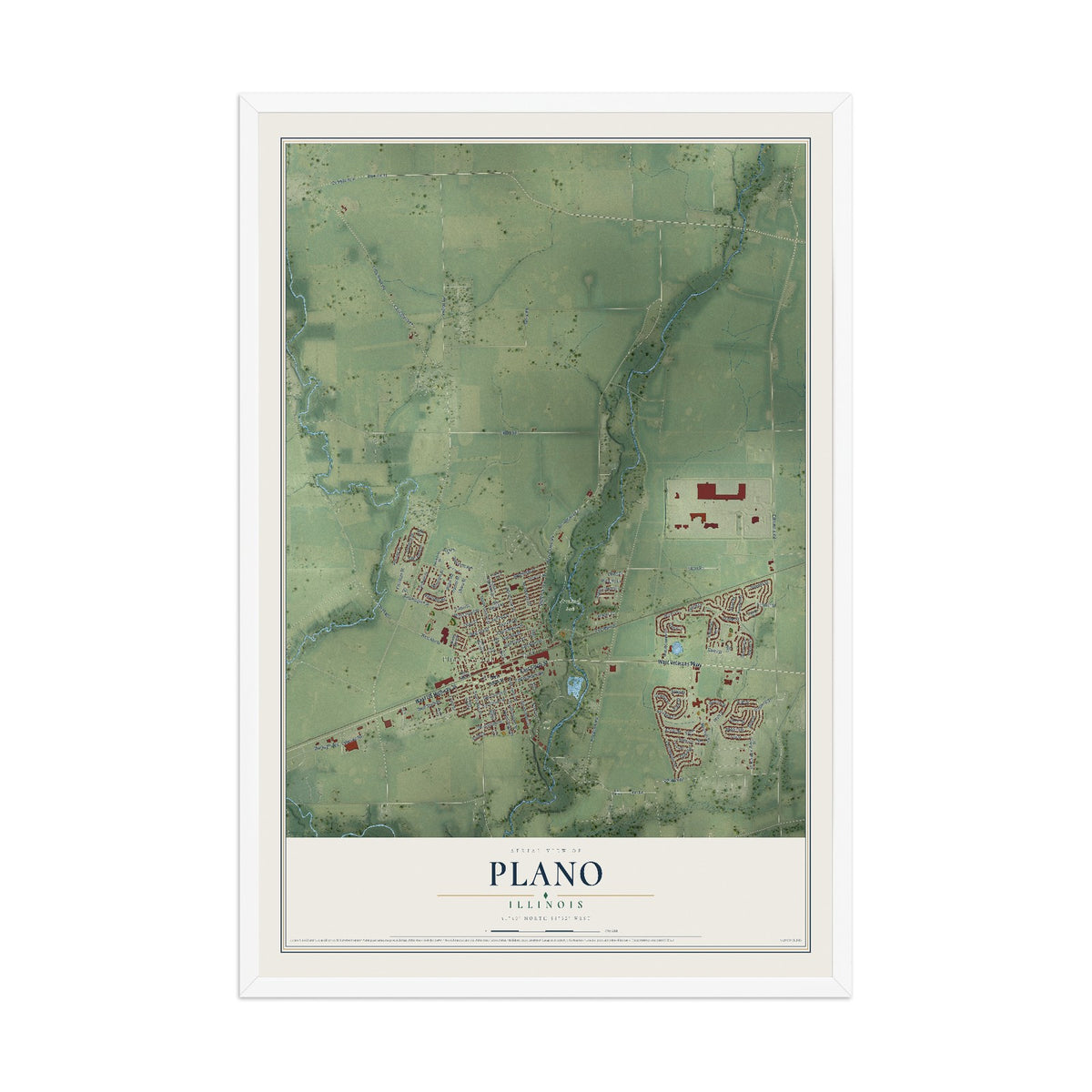 Map of Plano, Illinois, 12 x 18 inch print in a white wood frame