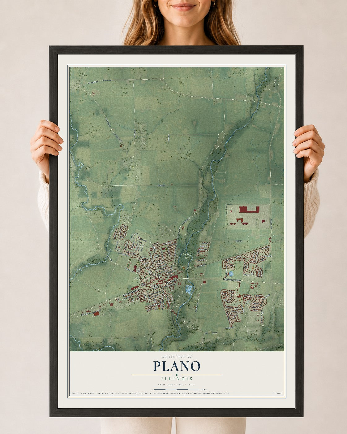 Map of Plano, Illinois, 24 x 36 inch print in a black wood frame