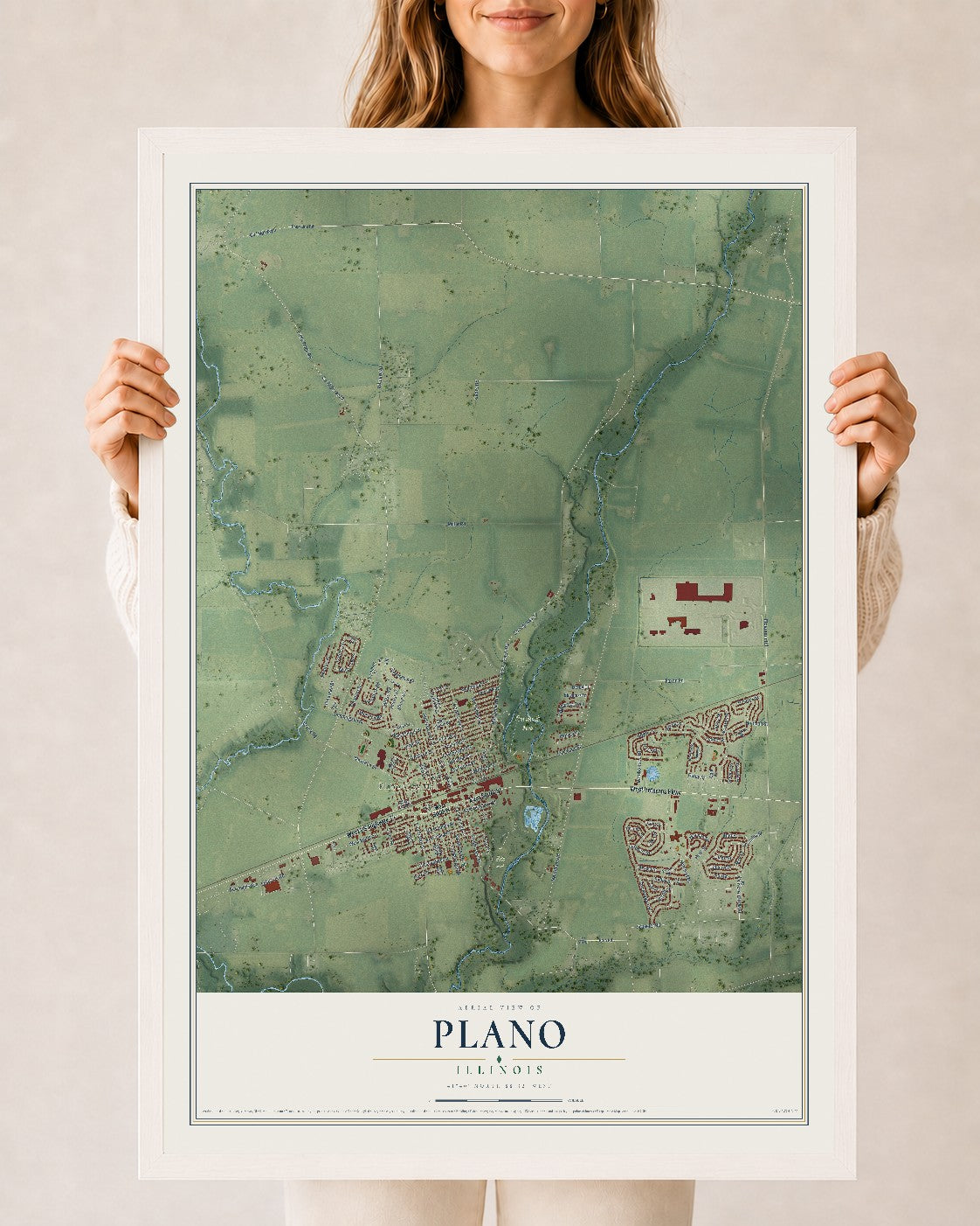 Map of Plano, Illinois, 24 x 36 inch print in a white wood frame