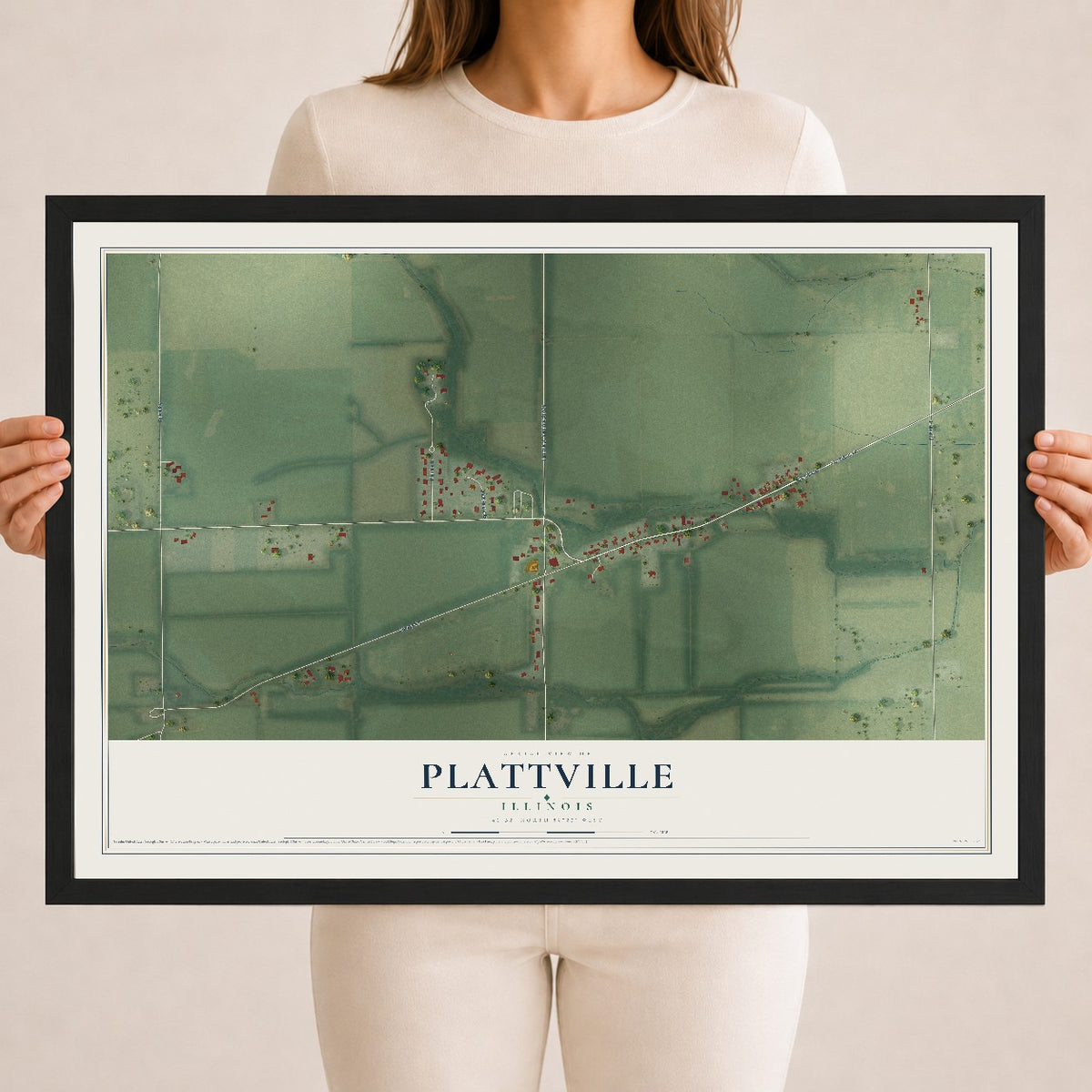 Map of Plattville, Illinois, 18 x 24 inch print in a black wood frame