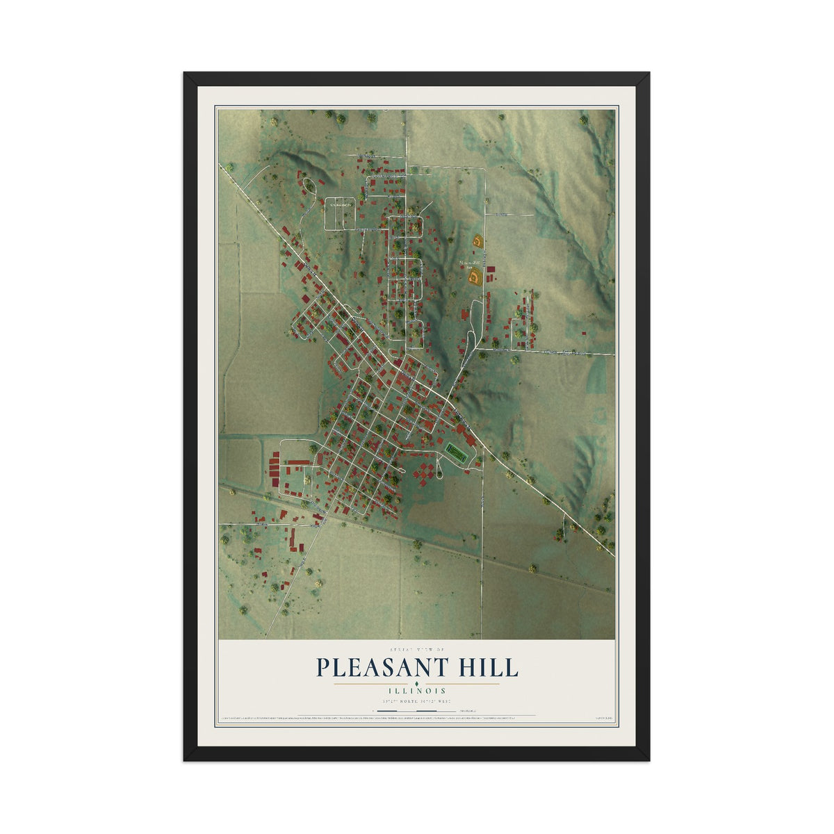 Map of Pleasant Hill, Illinois, 12 x 18 inch print in a black wood frame
