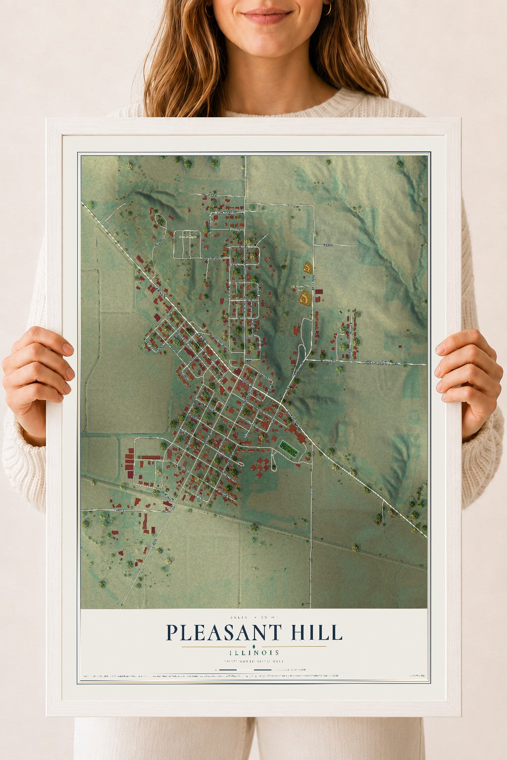 Map of Pleasant Hill, Illinois, 18 x 24 inch print in a white wood frame