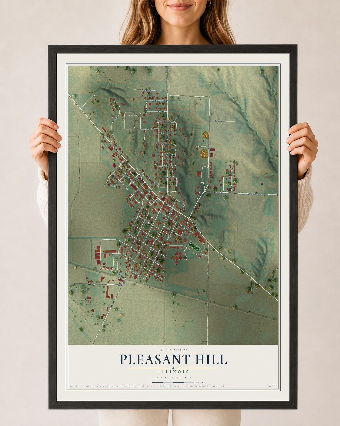 Map of Pleasant Hill, Illinois, 24 x 36 inch print in a black wood frame