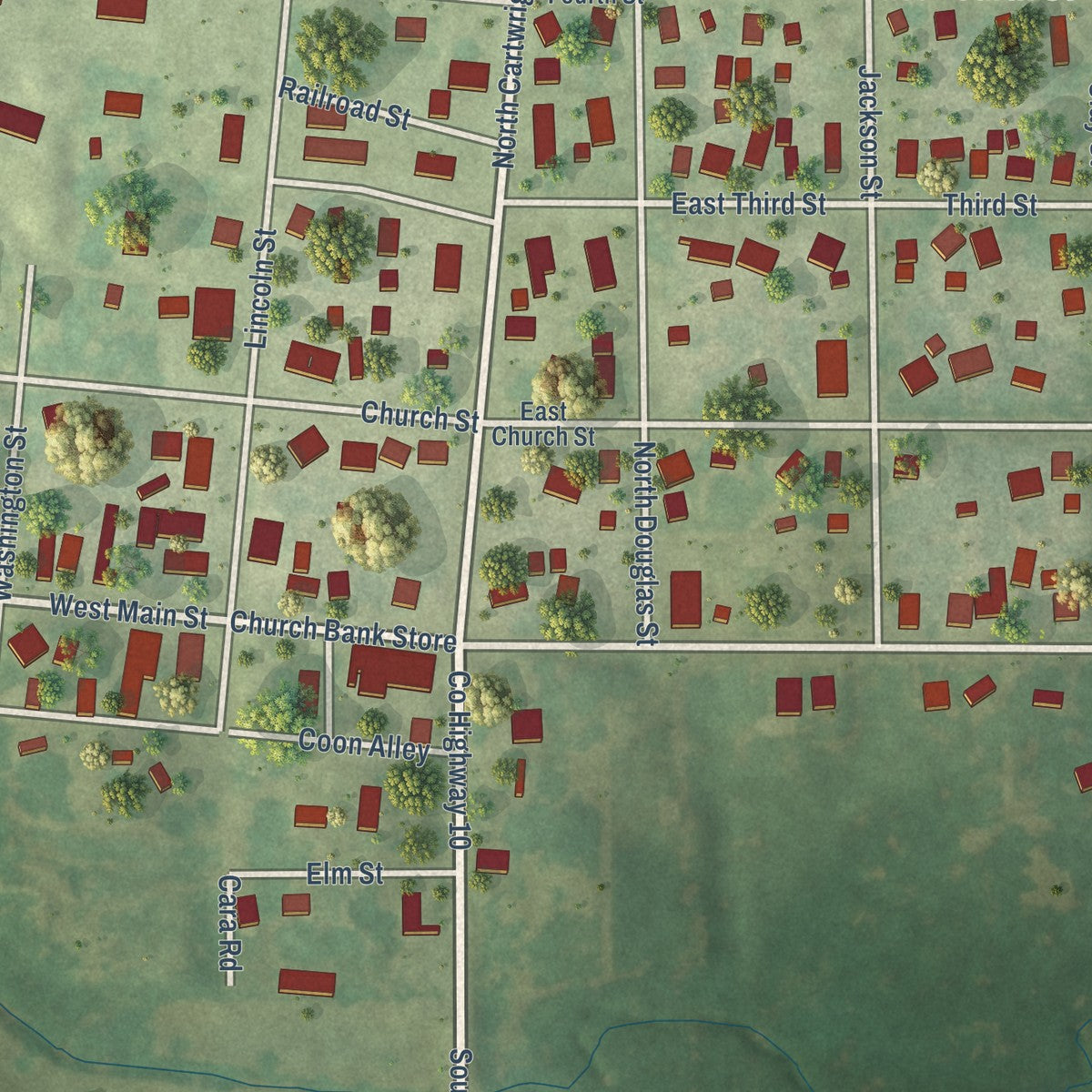 Close-up of the map of Pleasant Plains, Illinois print showing street and building detail