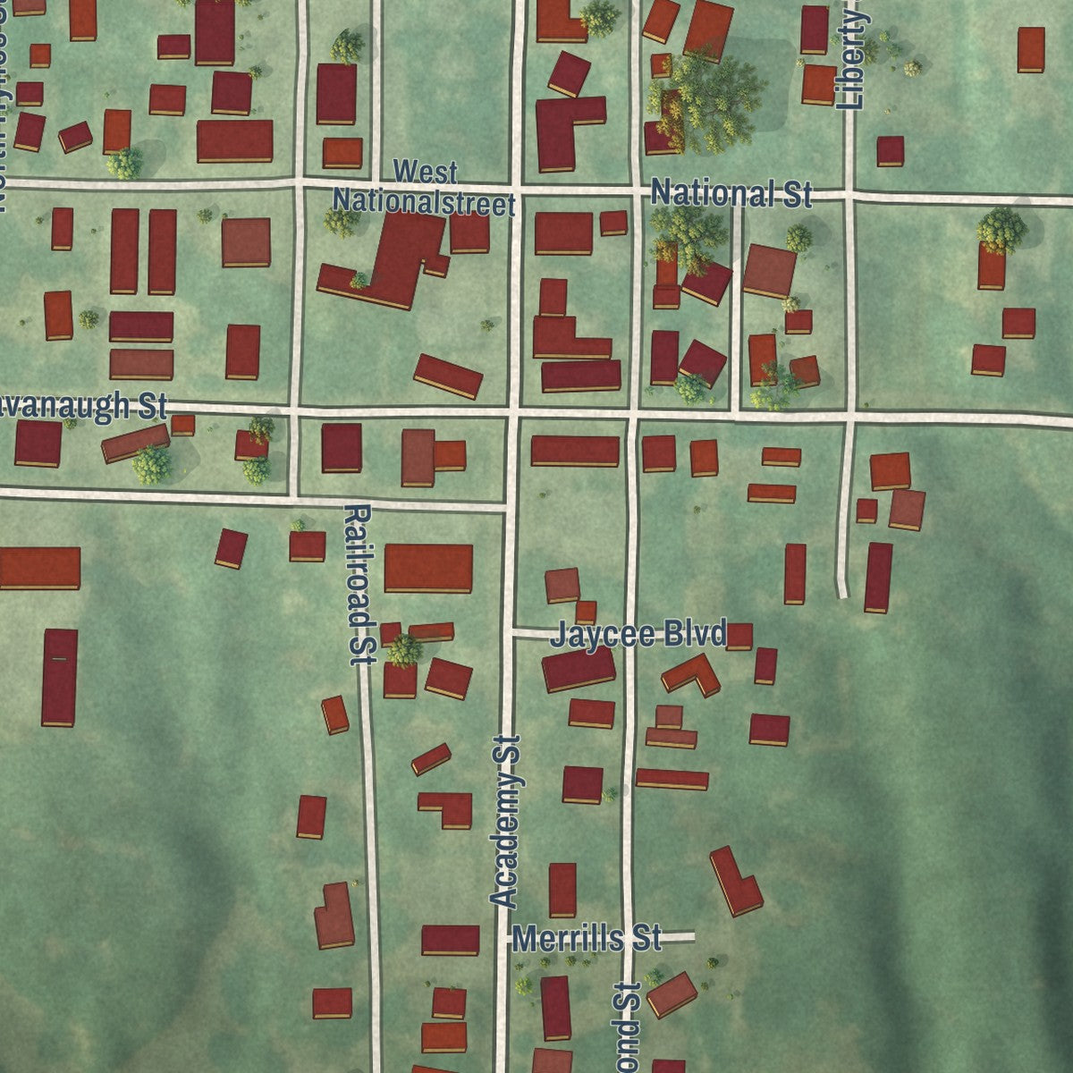Close-up of the map of Pocahontas, Illinois print showing street and building detail