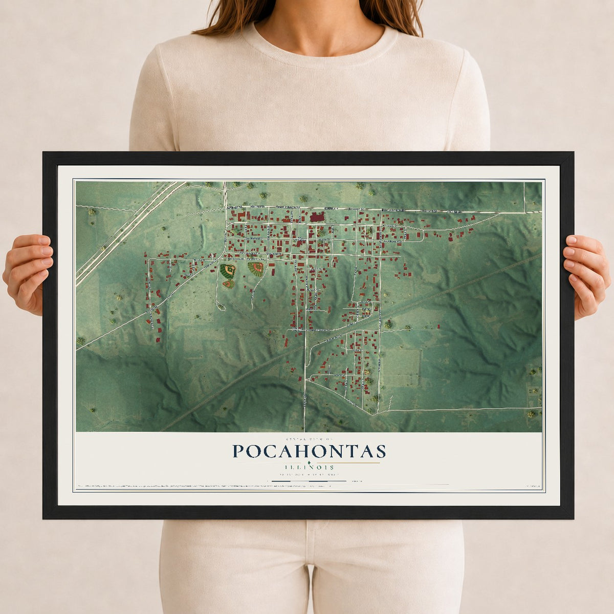 Map of Pocahontas, Illinois, 12 x 18 inch print in a black wood frame