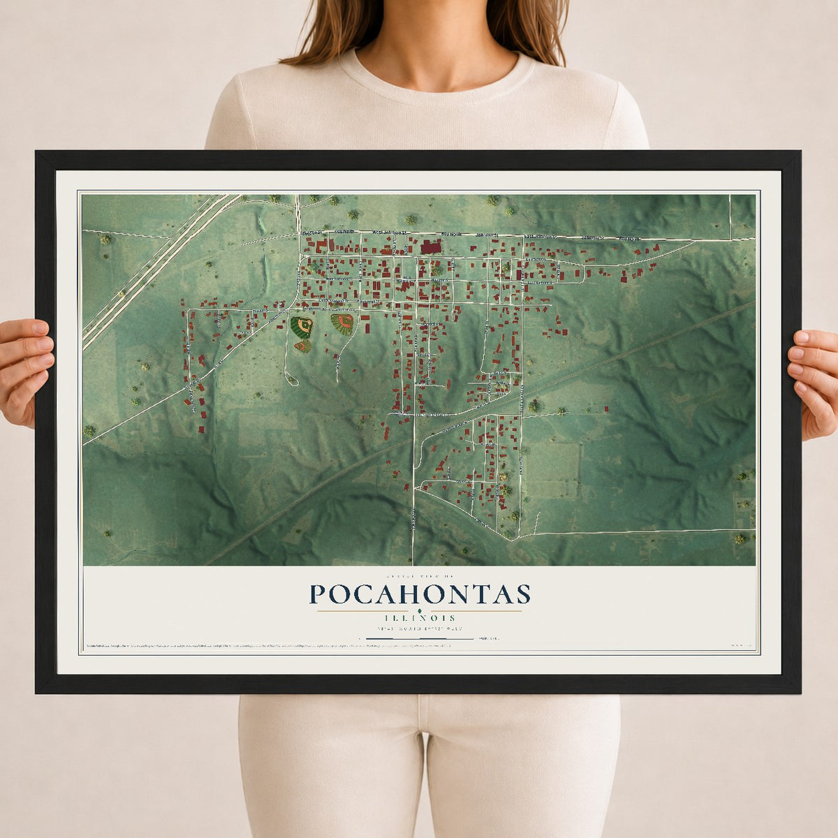 Map of Pocahontas, Illinois, 18 x 24 inch print in a black wood frame