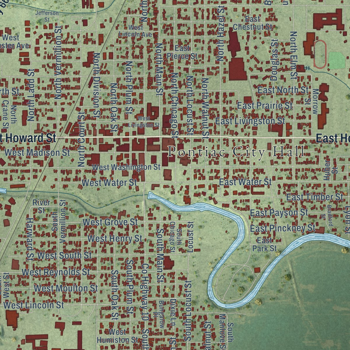 Close-up of the map of Pontiac, Illinois print showing street and building detail
