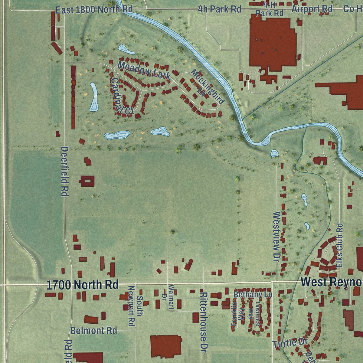 Second close-up of the map of Pontiac, Illinois print showing more streets and buildings