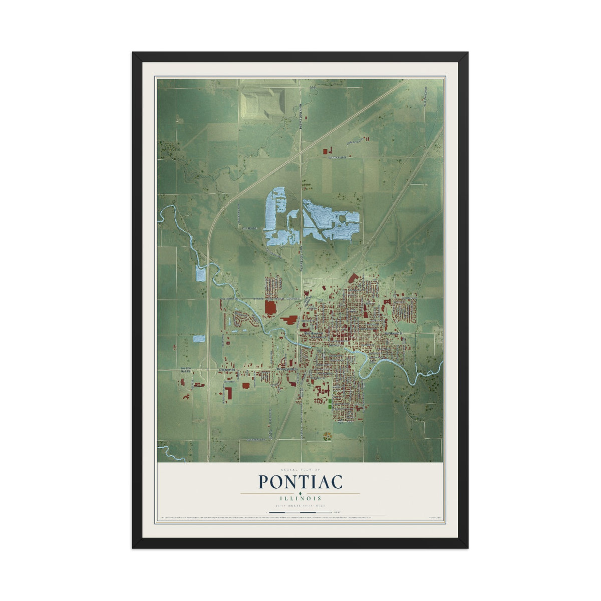 Map of Pontiac, Illinois, 12 x 18 inch print in a black wood frame