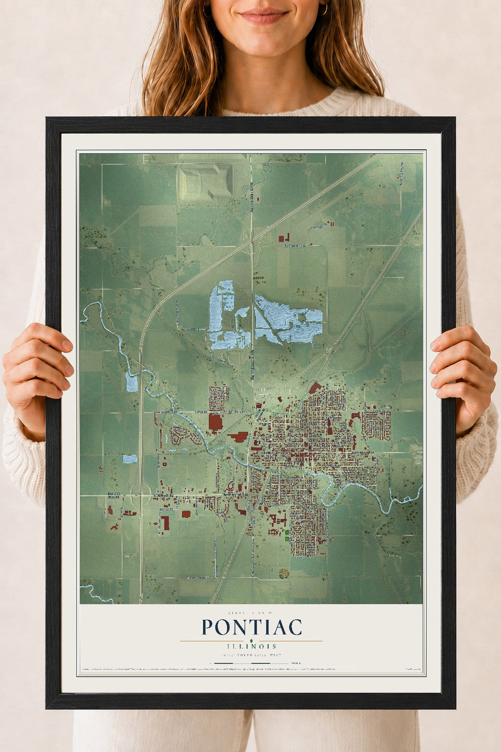 Map of Pontiac, Illinois, 18 x 24 inch print in a black wood frame