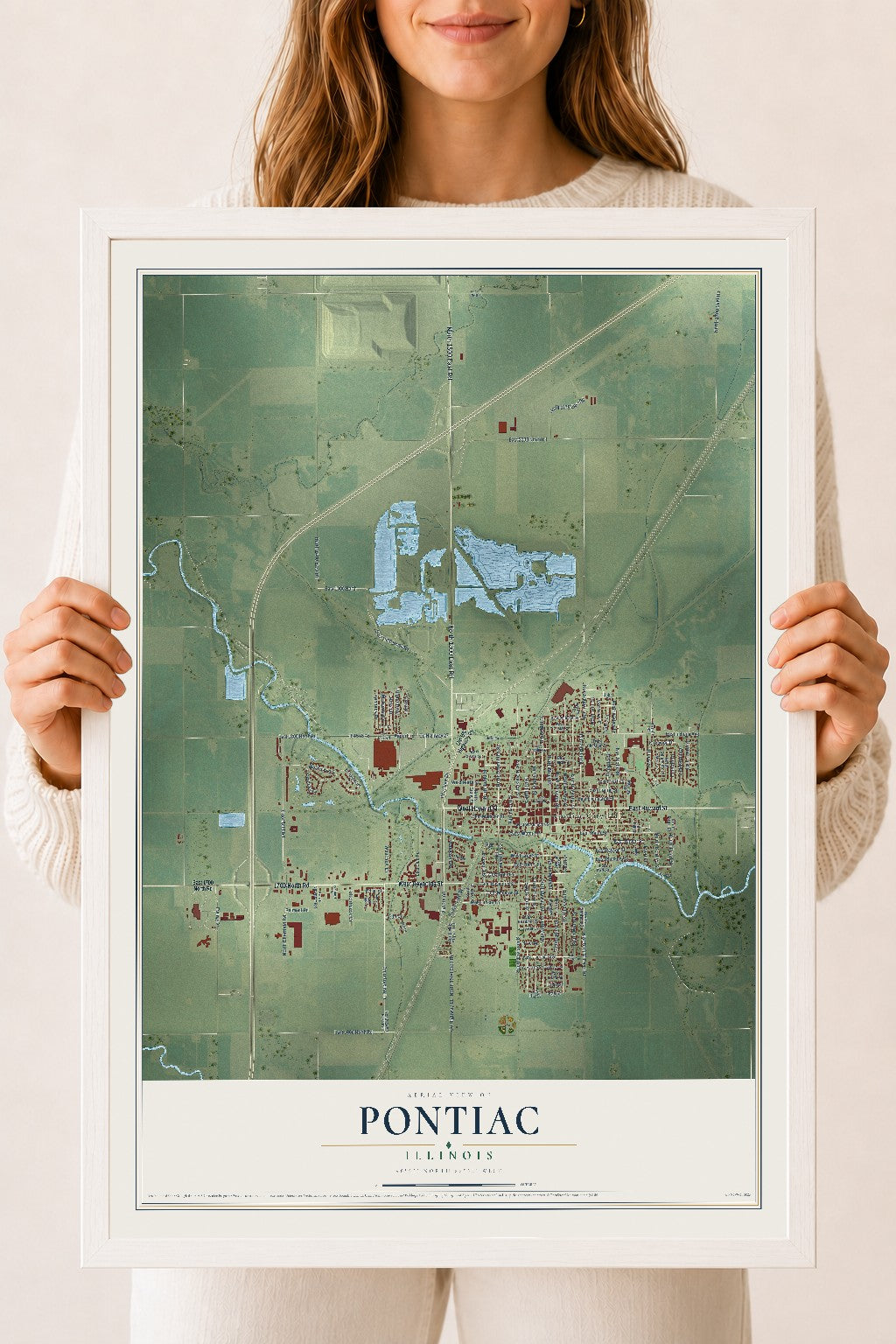Map of Pontiac, Illinois, 18 x 24 inch print in a white wood frame