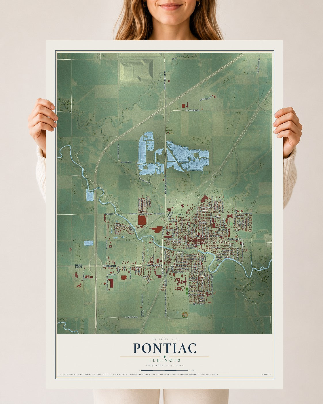 Map of Pontiac, Illinois, 24 x 36 inch unframed archival matte print