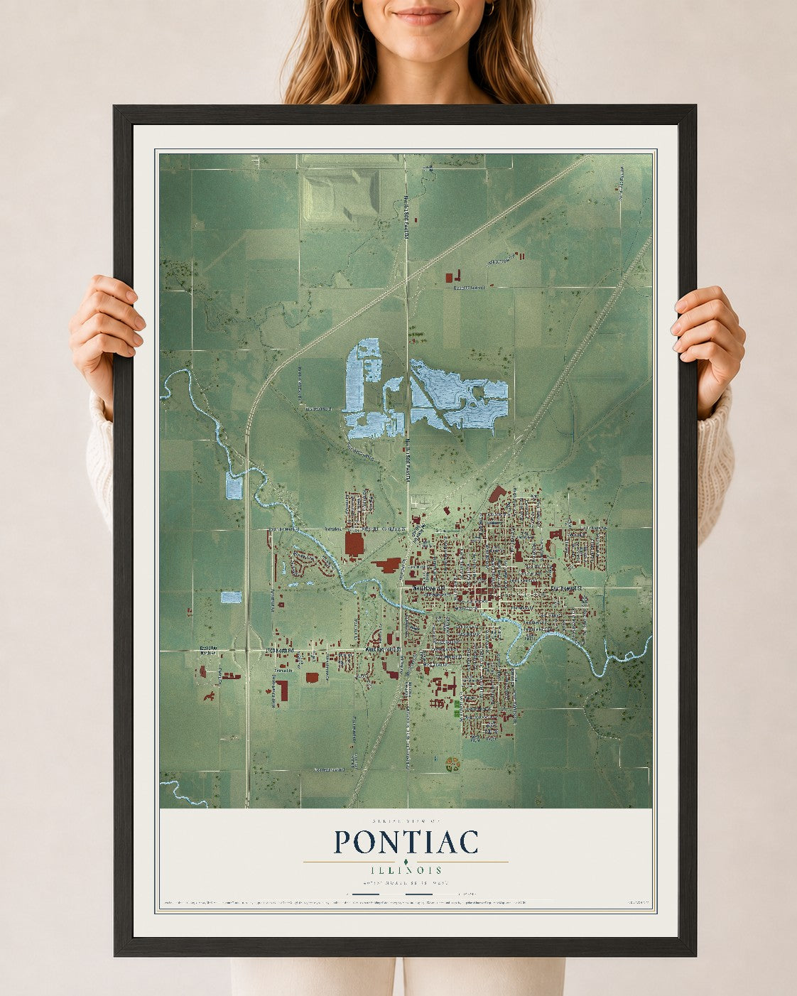 Map of Pontiac, Illinois, 24 x 36 inch print in a black wood frame