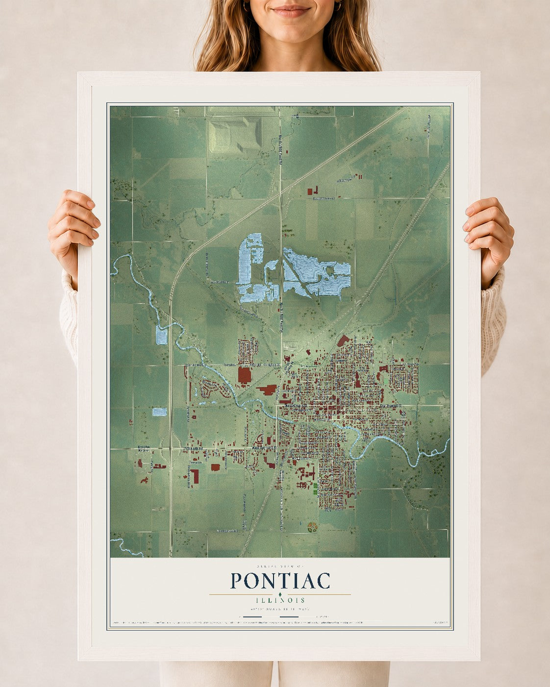 Map of Pontiac, Illinois, 24 x 36 inch print in a white wood frame