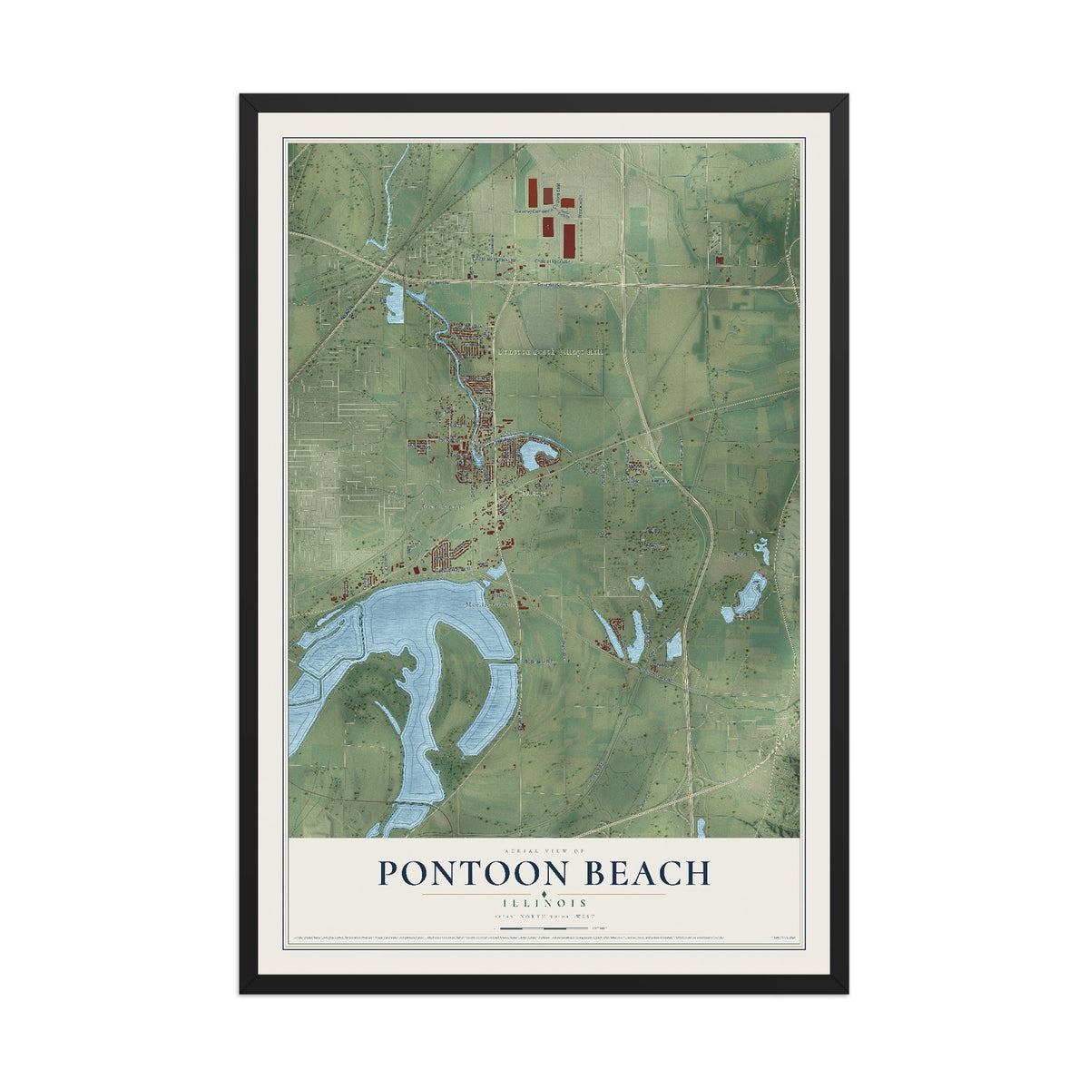 Map of Pontoon Beach, Illinois, 12 x 18 inch print in a black wood frame